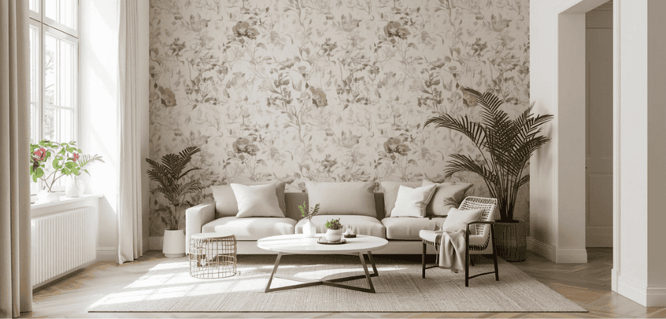 Casa con Carta da parati floreale + pareti Cloud Dancer