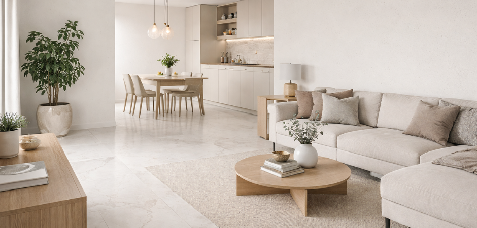 Casa con Grandi lastre su pavimenti o parte delle pareti + superfici Color Bianco Caldo