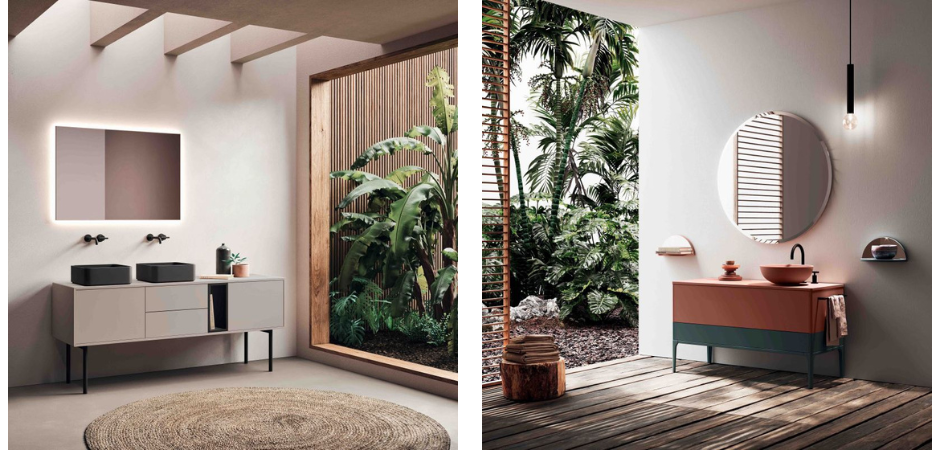 Mobili bagno rialzati con piedini e lavabo in appoggio