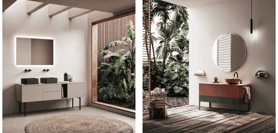 Mobili bagno rialzati con piedini, lavabo in appoggio e specchio