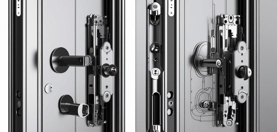 Struttura interna di una porta blindata strati di isolamento, rinforzi in acciaio e pannelli di rivestimento