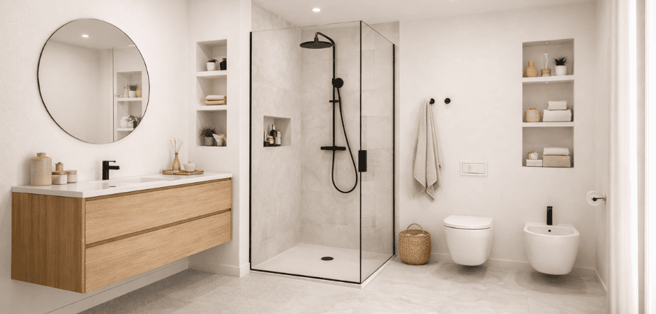 bagno con Pareti Cloud Dancer e mobili in legno naturale